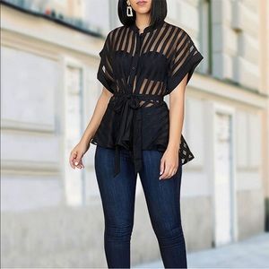 Women Sexy Striped See-through Lace-up Short
Sleeve Blouses NWOT